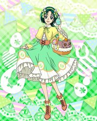  1girl akimoto_komachi bangs basket brown_footwear capelet corset cross-laced_footwear dress easter easter_egg egg full_body green_dress green_eyes green_hair green_headband headband highres long_hair nuts_(yes!_precure_5) official_art open_mouth parted_bangs precure precure_connection_puzzlun skirt_hold smile solo third-party_source yellow_capelet yes!_precure_5 