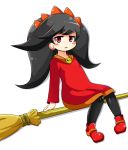  1girl ashley_(warioware) bamboo_broom bangs big_hair black_hair black_legwear blush_stickers broom broom_riding commentary_request dress eyebrows_visible_through_hair flat_chest full_body hairband highres korutana long_hair long_sleeves looking_at_viewer open_mouth orange_hairband pantyhose red_dress red_eyes red_shoes shadow shoes skull solo twintails warioware white_background 