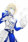 1girl ahoge armor armored_dress artoria_pendragon_(all) blonde_hair bowl breastplate chopsticks fate/grand_order fate/stay_night fate_(series) food food_on_face green_eyes hair_bun hair_ribbon halyou highres holding holding_bowl lion pauldrons ribbon rice rice_on_face saber solo 