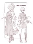  1boy 1girl flower gloves hair_flower hair_ornament hairband hakama haori highres japanese_clothes looking_at_viewer miko mole mole_under_mouth monochrome nier_(series) nier_automata obi open_mouth sash short_hair smile white_hair wide_sleeves yorha_no._2_type_b yorha_no._9_type_s 