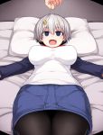 1girl :d afterimage bed black_legwear blue_eyes blush breasts denim denim_skirt empty_eyes fang hypnosis large_breasts lying mind_control null_(nyanpyoun) on_back open_mouth pantyhose pillow short_hair silver_hair skin_fang skirt smile solo_focus string uzaki-chan_wa_asobitai! uzaki_hana yen