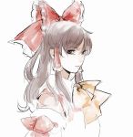  1girl asakura_noi brown_eyes brown_hair detached_sleeves frown hair_ribbon hair_tubes hakurei_reimu long_hair looking_at_viewer neck_ribbon nontraditional_miko ribbon solo touhou white_background 