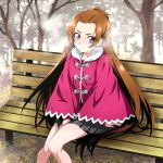  1girl arm_support belt black_skirt blush breath brown_hair coat commentary_request day dokidoki!_precure embarrassed have_to_pee long_hair madoka_aguri miniskirt nakahira_guy outdoors pleated_skirt precure red_coat red_eyes sitting skirt solo sweat tree very_long_hair 