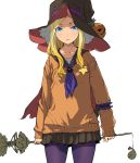  1girl arm_garter bangs black_skirt blonde_hair blue_eyes blue_neckerchief cape closed_mouth cowboy_shot enami_katsumi hat highres holding holding_staff long_hair long_sleeves looking_at_viewer neckerchief orange_sweater pantyhose parted_bangs pleated_skirt pumpkin purple_legwear red_cape simple_background skirt solo staff standing star sweater white_background witch_hat 