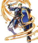  1boy armor armored_boots boots draug_(fire_emblem) electricity fire_emblem fire_emblem:_mystery_of_the_emblem fire_emblem_heroes full_body gloves green_eyes green_hair highres itagaki_hako male_focus official_art open_mouth shield solo sword teeth transparent_background weapon 