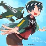  1girl aircraft airplane artist_name bangs belt black_eyes black_neckerchief blue_background brown_serafuku brown_shorts e16a_zuiun green_hair happi japanese_clothes kantai_collection looking_at_viewer mogami_(kantai_collection) mogamiya_honu neckerchief open_mouth outstretched_arms school_uniform serafuku short_hair shorts solo spread_arms swept_bangs translation_request 