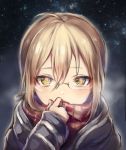  1girl ahoge artoria_pendragon_(all) bangs black_coat blonde_hair blush breath cold covering_mouth fate/grand_order fate_(series) gary25566 glasses hair_between_eyes long_sleeves looking_at_viewer mysterious_heroine_x_(alter) night night_sky plaid plaid_scarf red_scarf rimless_glasses scarf short_hair sidelocks sketch sky solo star_(sky) starry_sky tsurime upper_body yellow_eyes 