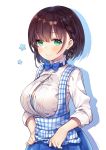  1girl ai-chan_(tawawa) apron apron_lift artist_name ayami_(annahibi) bangs blue_bow blue_bowtie blue_bra blue_skirt borrowed_character bow bowtie bra bra_peek braid breasts brown_hair closed_mouth dress_shirt eyebrows_visible_through_hair getsuyoubi_no_tawawa gingham green_eyes hair_ornament high-waist_skirt highres huge_breasts koubeya_uniform looking_at_viewer partially_unbuttoned plaid plaid_apron shirt short_hair side_braid simple_background skirt sleeves_folded_up smile solo star tareme underwear wardrobe_malfunction white_background white_shirt 