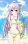  1girl beach bikini clouds gotou_jun green_bikini innertube long_hair navel ocean outdoors purple_hair ribbon side-tie_bikini side_ponytail sky smile solo swimsuit tear_u tenshi_no_3p! very_long_hair violet_eyes 