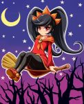  1girl ashley_(warioware) bangs big_hair black_hair black_legwear blush broom broom_riding closed_mouth collarbone crescent_moon dress flat_chest full_body gradient gradient_background hairband halloween highres long_hair long_sleeves moon neckerchief orange_hairband orange_neckerchief outline pantyhose red_dress red_eyes red_shoes shoes sidesaddle sigurd_hosenfeld skull solo star tree two-tone_background upskirt very_long_hair warioware white_outline 
