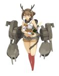  1girl adapted_costume animal_costume bangs bell bottle breasts brown_hair brown_shorts chains collar cosmic_(crownclowncosmic) fake_antlers fur_trim gloves green_eyes highres holding holding_bottle kantai_collection kneehighs looking_at_viewer medium_breasts metal_belt midriff mutsu_(kantai_collection) navel official_style one_eye_closed parody red_legwear reindeer_costume rigging shizuma_yoshinori_(style) short_hair short_shorts shorts simple_background smokestack solo style_parody turret upper_body white_background white_gloves 