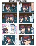  4koma :x battleship_hime black_hair blue_hair blush breasts chibi closed_eyes comic commentary_request dress epaulettes falling female_admiral_(kantai_collection) gloves grey_eyes hand_holding hat highres horns i-13_(kantai_collection) i-14_(kantai_collection) kantai_collection large_breasts military military_hat military_uniform neckerchief oni_horns open_mouth peaked_cap petting puchimasu! red_eyes sailor_collar school_swimsuit shinkaisei-kan single_glove single_sidelock sitting sleeveless sleeveless_dress surprised swimsuit translation_request uniform white_gloves yuureidoushi_(yuurei6214) 