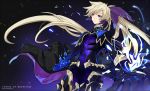  1boy 2016 absurdly_long_hair bodysuit copyright_name cowboy_shot dated feathers fire floating_hair hair_feathers long_hair ponytail purple_feathers r2load silver_hair solo sorey_(tales) standing tales_of_(series) tales_of_zestiria very_long_hair violet_eyes 