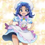  1girl bangs blue_dress blue_eyes blue_hair blue_swimsuit cowboy_shot dress dress_lift eyebrows_visible_through_hair fang hat kirakira_precure_a_la_mode long_hair looking_at_viewer magical_girl medium_dress nakahira_guy open_mouth parted_bangs precure puffy_short_sleeves puffy_sleeves short_sleeves smile solo standing swimsuit swimsuit_under_clothes tategami_aoi white_hat 