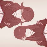  2girls artist_name blush brown brown_background capelet chromatic_aberration closed_mouth devola expressionless flipped_hair flower frills hair_flower hair_ornament hair_over_one_eye koyorin lips long_hair looking_at_viewer monochrome multiple_girls nier_(series) nier_automata popola red siblings simple_background spot_color straight_hair tsurime twins upper_body 