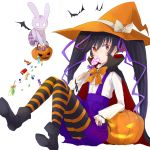  1girl ashley_(warioware) bangs bat bat_wings black_boots black_cloak black_hair boots bow bowtie candy chocolate_bar cloak commentary_request eating flat_chest flying food full_body hair_between_eyes hair_ribbon halloween hat hat_ribbon highres holding holding_food jack-o&#039;-lantern koppa_ippuku lollipop long_hair long_sleeves orange_bow orange_bowtie orange_hat purple_ribbon purple_skirt red_eyes ribbon shirt simple_background sitting skirt solo striped striped_legwear striped_ribbon stuffed_animal stuffed_bunny stuffed_toy suspender_skirt suspenders twintails very_long_hair warioware white_background white_ribbon white_shirt wings witch_hat 