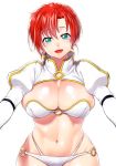  1girl :d asymmetrical_bangs bangs blush boudica_(fate/grand_order) bra breasts cleavage eyebrows_visible_through_hair fate/grand_order fate_(series) green_eyes highres juliet_sleeves large_breasts long_sleeves looking_at_viewer navel o-ring_bottom o-ring_top onsoku_maru open_mouth panties parted_bangs puffy_sleeves redhead short_hair simple_background smile solo toned underwear upper_body white_background white_bra white_panties 