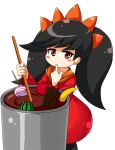  1girl apple ashley_(warioware) banana bangs big_hair black_hair black_legwear blush_stickers candy chocolate chocolate_bar commentary_request cowboy_shot dress finger_to_mouth food fruit hairband highres korutana lollipop long_hair long_sleeves mixing orange_hairband pantyhose pot red_dress red_eyes simple_background solo standing twintails warioware watermelon white_background 