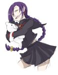  1girl bell black_skirt braid chikujouin_magane dangan_ronpa drawfag jingle_bell long_hair monokuma open_mouth purple_hair re:creators school_uniform serafuku sharp_teeth sketch skirt standing teeth torii_earrings yellow_eyes 