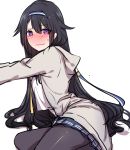  1girl black_hair blush commentary commentary_request girls_frontline hair_between_eyes hairband hood hooded_jacket jacket long_hair looking_at_viewer pantyhose simple_background solo super_sass_(girls_frontline) tears violet_eyes xiu_jiayihuizi 