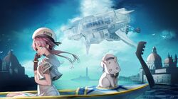  1girl :3 aircraft airship animal aqua_eyes aria aria_pokoteng artist_name beret bird black_gloves building cat chin_rest church clouds commentary dress emblem english fingerless_gloves gloves gondola hair_tubes hat highres horizon long_hair mizunashi_akari outdoors parted_lips pink_hair profile saraki short_hair_with_long_locks short_sleeves sidelocks single_fingerless_glove sitting sky solo_focus uniform venezia water white_dress white_hat wind 