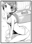  1girl artist_name bikini breasts food fruit greyscale kantai_collection kneeling looking_at_viewer mogami_(kantai_collection) mogamiya_honu monochrome short_hair sitting small_breasts smile solo swimsuit wariza watermelon 