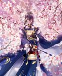  1boy armor blue_eyes blue_hair cherry cherry_blossoms food fruit hair_over_one_eye hairband highres japanese_armor japanese_clothes katana looking_at_viewer male_focus mikazuki_munechika smile sode sword touken_ranbu weapon wind zya_zya 