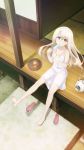  absurdres barefoot blonde_hair breasts deck dress eating fate/kaleid_liner_prisma_illya fate_(series) food highres illyasviel_von_einzbern long_hair outdoors popsicle red_eyes sandals sitting small_breasts tea 