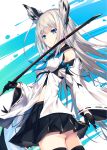  1girl akanagi_youto ass azur_lane bangs bare_shoulders black_gloves black_legwear black_skirt blue_background blue_eyes blue_neckwear breasts commentary_request cowboy_shot detached_sleeves gloves hair_between_eyes highres holding holding_sword holding_weapon katana kawakaze_(azur_lane) long_hair long_sleeves looking_at_viewer medium_breasts pleated_skirt pointy_hair ribbon-trimmed_sleeves ribbon_trim sailor_collar sailor_shirt shirt sidelocks silver_hair skirt solo standing sword thigh-highs thighs twisted_torso two-tone_background very_long_hair weapon white_background white_shirt wide_sleeves 