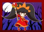  1girl arm_up ascot ashley_(warioware) bangs bare_tree big_hair black_hair black_legwear chibi commentary_request dress full_body hair_ornament holding holding_wand long_hair mazume night night_sky orange_ascot orb outdoors outstretched_arms pantyhose red_dress red_eyes red_shoes shoes sidelocks skull sky solo spread_arms standing star_(sky) starry_sky tree twintails wand warioware 