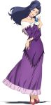  1girl bangle bare_shoulders black_hair blue_eyes bracelet choker dress full_body jewelry long_hair looking_at_viewer mavelle_froessen official_art orb ponytail purple_choker purple_dress red_shoes shoes solo standing star_ocean star_ocean_first_departure 