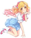 1girl aikatsu! bangs blonde_hair blue_skirt blush bow brown_eyes character_request closed_mouth eyebrows_visible_through_hair full_body hairband high_heels highres kneeling long_hair looking_at_viewer multicolored_hair pink_hair pink_ribbon pink_shoes puffy_short_sleeves puffy_sleeves ribbon sekina shirt shoes short_sleeves simple_background skirt smile socks solo white_background white_legwear white_shirt 