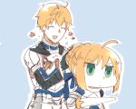  1boy 1girl ^_^ ahoge armor artoria_pendragon_(all) blonde_hair blue_background chibi closed_eyes excalibur fate/grand_order fate/prototype fate/stay_night fate_(series) flower gloves green_eyes jitome petting riyo_(lyomsnpmp)_(style) saber saber_(fate/prototype) simple_background smile upper_body 
