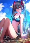  1girl :d absurdres arm_support artist_name beach bikini blue_eyes blue_hair breasts cleavage clouds cloudy_sky collarbone day eyebrows_visible_through_hair frilled_bikini_bottom hair_between_eyes hair_ornament hatsune_miku highres long_hair navel ocean open_mouth outdoors qingye_ling sky small_breasts smile solo striped striped_bikini swimsuit twintails very_long_hair vocaloid water wet 