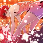  1girl bent_over breasts grin kenjou_akira kirakira_precure_a_la_mode looking_at_viewer looking_back medium_breasts nakahira_guy precure red_eyes redhead shirt short_hair shorts sideboob smile solo standing stretch tail tank_top very_short_hair white_shirt white_shorts 