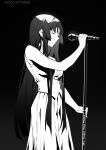  1girl akiyama_mio black_hair closed_eyes expressionless highres hime_cut k-on! long_hair microphone microphone_stand monochrome solo 