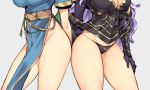  2girls armor ass-to-ass breasts camilla_(fire_emblem_if) china_dress chinese_clothes cleavage dress fire_emblem fire_emblem:_rekka_no_ken fire_emblem_heroes fire_emblem_if gebyy-terar highres long_hair long_sleeves lyndis_(fire_emblem) multiple_girls obi panties purple_hair sash short_sleeves simple_background standing thighs underwear vambraces white_background 