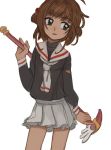  1girl brown_hair card_captor_sakura cowboy_shot fuuin_no_tsue green_eyes hair_bobbles hair_ornament kinomoto_sakura long_sleeves looking_to_the_side miniskirt open_mouth pleated_skirt school_uniform season_(artist) short_hair skirt solo tomoeda_elementary_school_uniform white_background white_skirt 