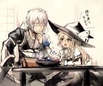  1boy 1girl :d bad_food blonde_hair blush braid choker dress glasses green_eyes hat japanese_clothes kirisame_marisa medium_hair morichika_rinnosuke open_mouth puffy_short_sleeves puffy_sleeves short_hair short_sleeves single_braid sitting smile touhou translation_request white_hair witch_hat wrist_cuffs yellow_eyes yuki_(popopo) 