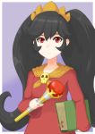  1girl ashley_(warioware) bangs big_hair black_hair book bookmark closed_mouth collarbone commentary dress expressionless flat_chest hairband holding holding_book holding_staff long_hair long_sleeves looking_at_viewer miven neckerchief orange_hairband orange_neckerchief purple_background red_dress red_eyes simple_background skull solo staff twintails upper_body warioware white_border 