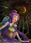  1girl ahoge bamboo bamboo_forest copyright_name force_of_will forest fur_trim gloves japanese_clothes leaf long_hair low_twintails moon nature night night_sky official_art open_mouth sky staff star teeth twintails yellow_eyes 