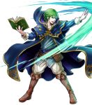  1boy belt book boots cape fire_emblem fire_emblem:_mystery_of_the_emblem fire_emblem_heroes full_body green_eyes green_hair highres hood male_focus marich official_art open_mouth solo teeth transparent_background 