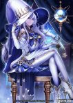  1girl blue_eyes boots copyright_name crystal_ball curtains earrings force_of_will gem gloves hat high_heel_boots high_heels jewelry long_hair official_art pantyhose sitting solo sparkle star thigh-highs white_hair wizard_hat 