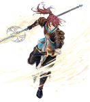  1boy boots electricity fire_emblem fire_emblem_heroes fire_emblem_if full_body gloves highres long_hair male_focus official_art open_mouth polearm ponytail red_eyes redhead solo spear teeth transparent_background tsubaki_(fire_emblem_if) weapon yura_(ub4u) 