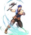  1boy axe bandage barst blue_eyes blue_hair boots fire_emblem fire_emblem:_mystery_of_the_emblem fire_emblem_heroes full_body headband highres male_focus official_art open_mouth solo transparent_background wada_sachiko weapon 