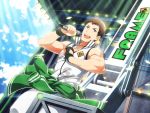  bare_shoulders brown_hair clenched_hand dutch_angle idol idolmaster idolmaster_side-m male_focus microphone official_art open_mouth shingen_seiji sleeveless violet_eyes 