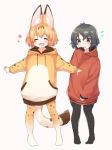  ^_^ animal_ears animal_print arare_mochiko black_eyes black_hair blush closed_eyes fang flying_sweatdrops headwear_removed highres hood hoodie kaban_(kemono_friends) outstretched_arms pantyhose print_legwear serval_(kemono_friends) serval_ears serval_print serval_tail short_hair sleeves_past_wrists tail 