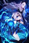  2girls bare_shoulders blue_eyes choker claw_(weapon) covering_one_eye diabla_(elsword) dress dual_persona elsword energy energy_ball hand_on_own_face highres horns long_hair looking_at_viewer luciela_r._sourcream magic_circle multiple_girls open_mouth pointy_ears sitting smile symbol-shaped_pupils very_long_hair wariza weapon white_hair zya_zya 