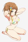  1girl armpits bare_legs barefoot bikini bouen breasts brown_eyes brown_hair commentary_request feet full_body highres idolmaster idolmaster_cinderella_girls kitami_yuzu looking_at_viewer medium_breasts navel open_mouth print_bikini seiza side-tie_bikini sitting soles solo swimsuit toes transparent_background 