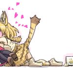  2girls animal_ears beer_mug blonde_hair blush drunk ear_blush head_out_of_frame high-waist_skirt hug kaban_(kemono_friends) kemono_friends multiple_girls print_legwear print_skirt seki_(red_shine) serval_(kemono_friends) serval_ears serval_print serval_tail short_hair simple_background skirt sleeveless spill tail thigh-highs white_background yuri 